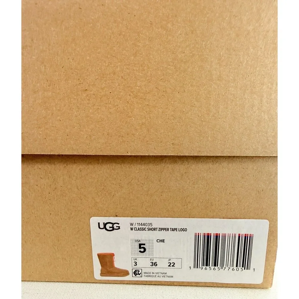 UGG Classic Short Zipper Tape Logo Boots Womens 5 Chestnut Sheepskin Winter